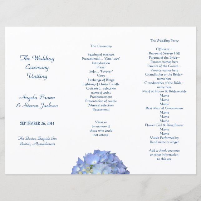 Blue Hydrangea Tri-Fold Wedding Programme Modèle (Devant)
