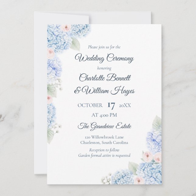 Blue Hydrangea Watercolor Floral Invitation (Devant)