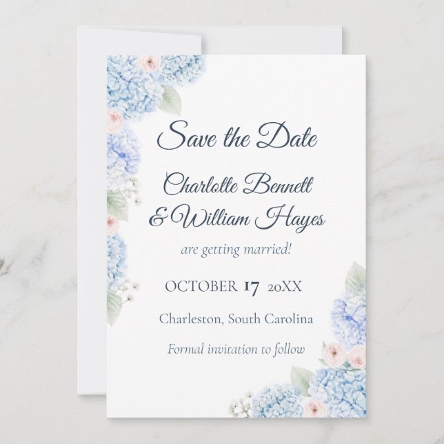 Blue Hydrangea Watercolor Floral Save the Date (Devant)
