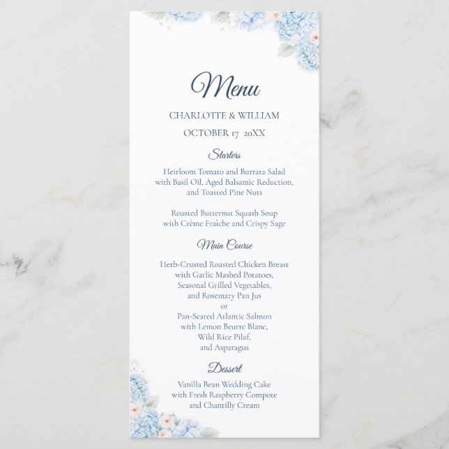 Blue Hydrangea Watercolor Floral Wedding Menu (Devant)