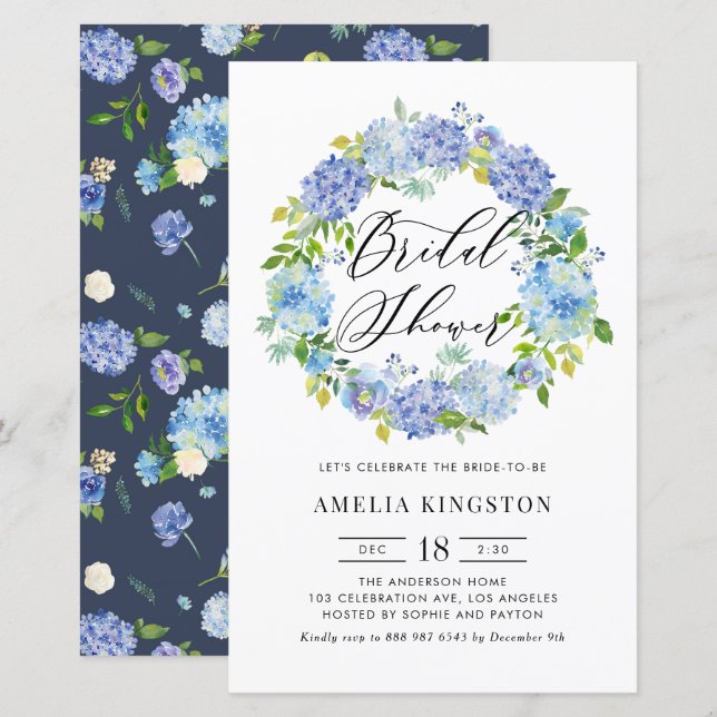 Blue Hydrangea Wreath Bridal Show Invitation (Devant / Derrière)