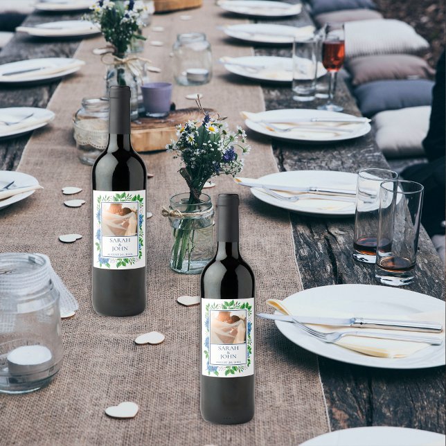 Blue Hydrangeas Photo Mariage Étiquette de vin (Créateur téléchargé)