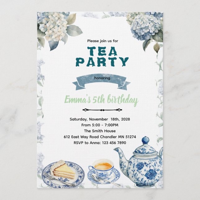 Blue Hydrangeas tea party Invitation (Devant)