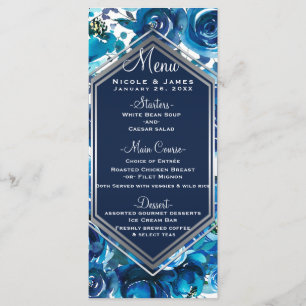 Blue Indigo Floral Flowers Élégant menu de mariage