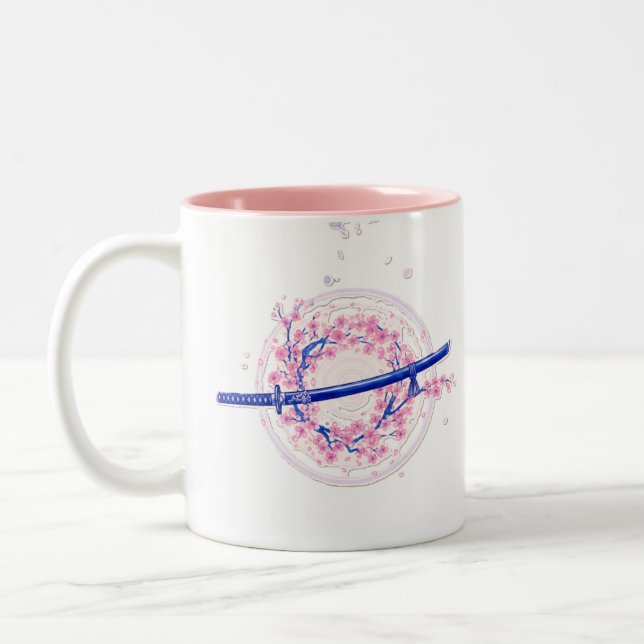 Blue Ink Katana & Cherry Blossom / Sakura Mug (Gauche)