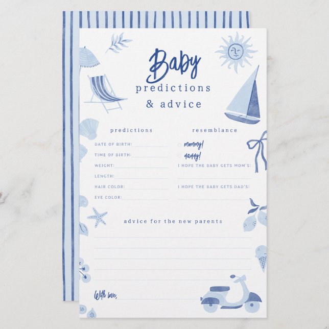 Blue Italian Summer Baby Predictions & Advice Game (Devant / Derrière)