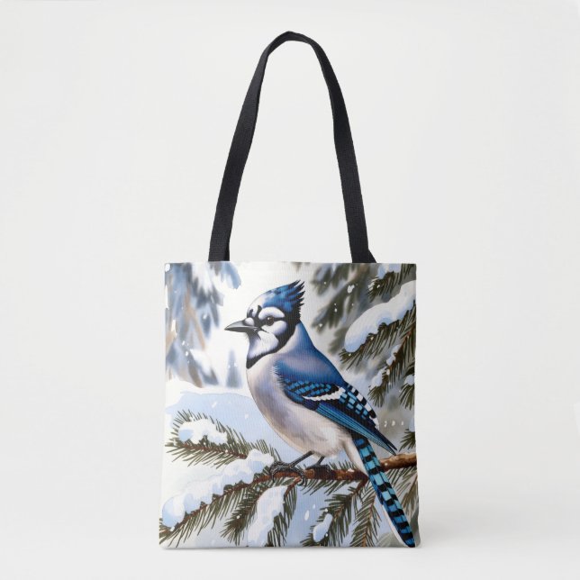 Blue Jay in Snowy Pines Watercolor Winter Tote Bag (Devant)