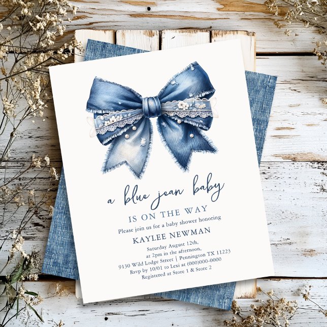 Blue Jean Denim Bow Baby shower Invitation (Créateur téléchargé)