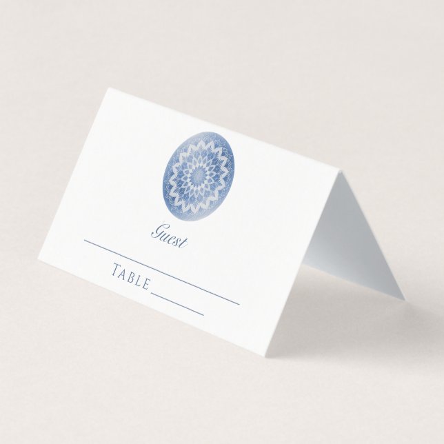 Blue Lace Mandala Wedding Place Card (Front)