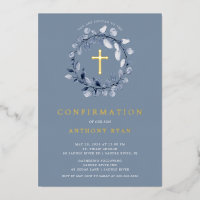Blue Leaf Boys Confirmation Foil Invitation
