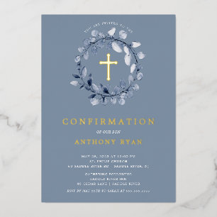 Blue Leaf Boys Confirmation Foil Invitation
