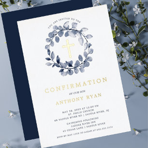 Blue Leaf Boys Confirmation Foil Invitation