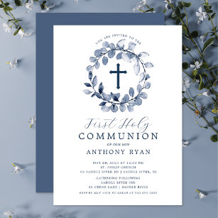 Blue Leaf Boys First Communion Invitation