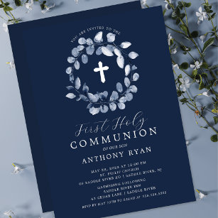 Blue Leaf Boys First Communion Invitation