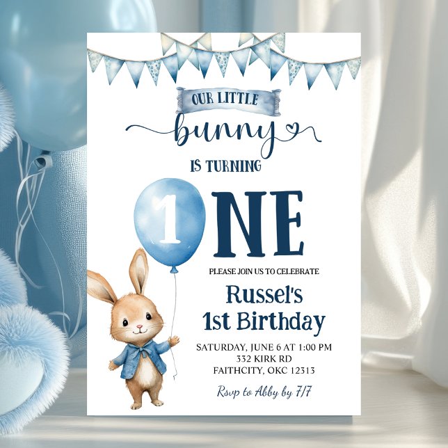 Blue Little Bunny First Birthday Invitation (Créateur téléchargé)