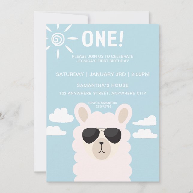 Blue llama Fun Boy First Birthday Party Invitation (Devant)
