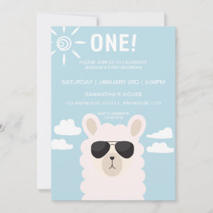 Blue llama Fun Boy First Birthday Party Invitation