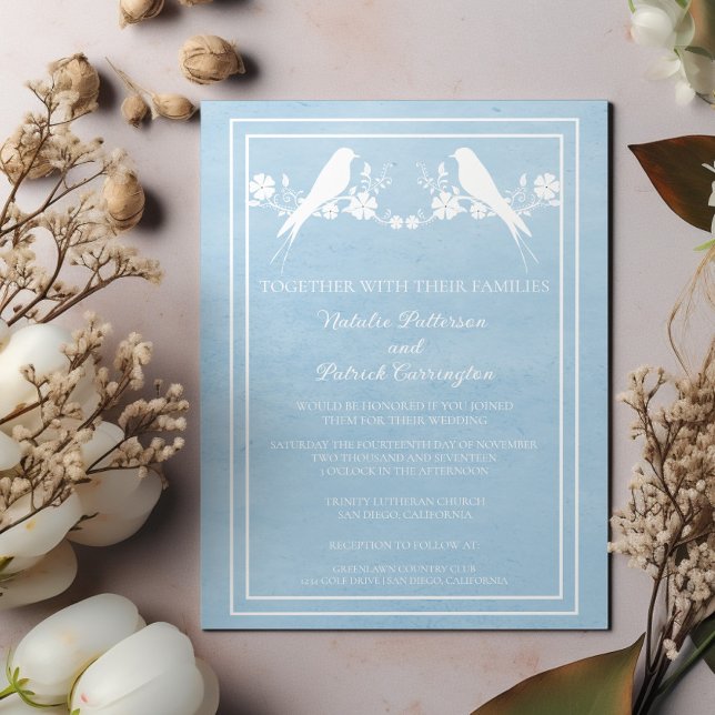 Blue Lovebird Floral Faire-part de mariage (Blue Lovebird Floral Wedding Invitation)