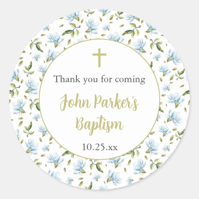 Blue Magnolias baptism thank you sticker (Devant)
