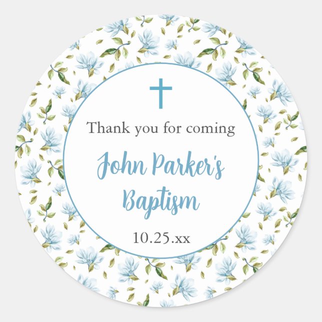 Blue Magnolias boy baptism thank you sticker (Devant)
