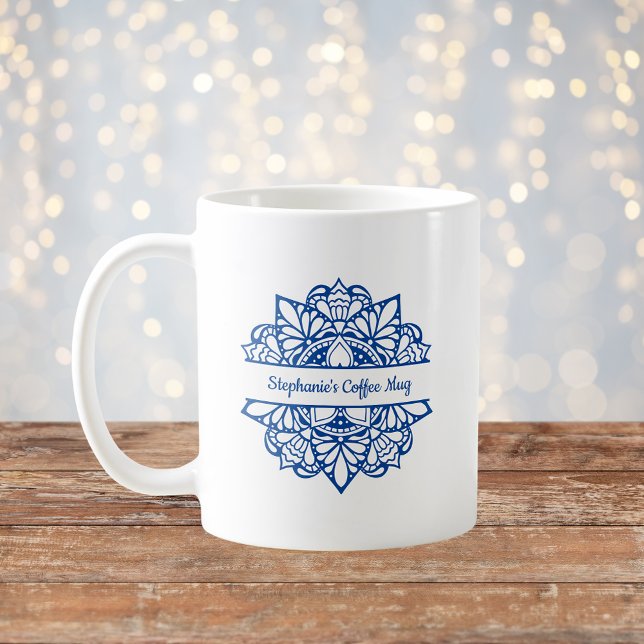 Blue Mandala Art Nom personnalisé Café Mug (Créateur téléchargé)