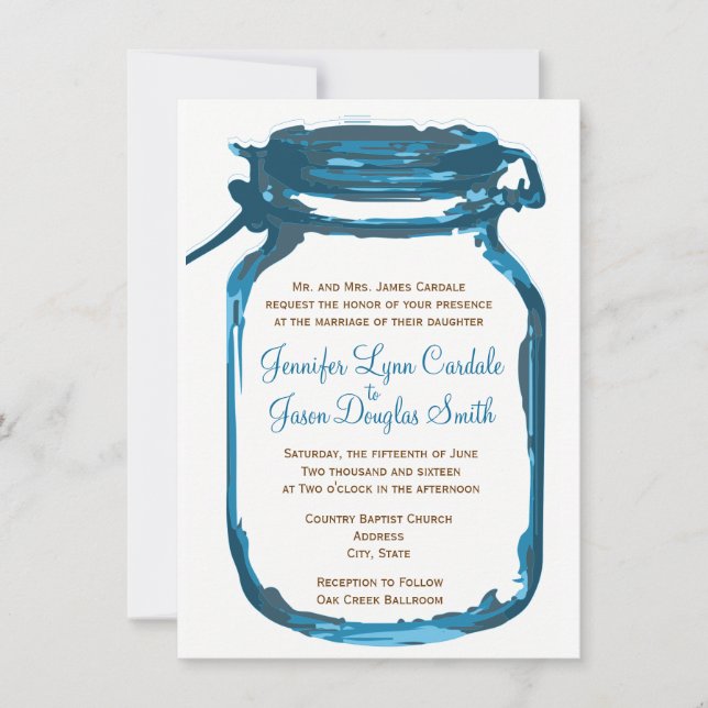 Blue Mason Jar Pays Mariage rustique Invitations (Devant)