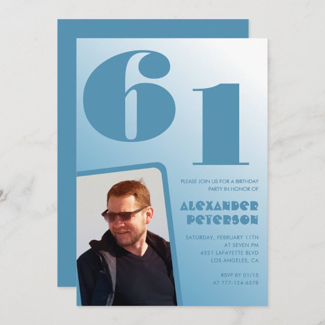 Blue Men Décor photo 61e anniversaire invitations (Devant / Derrière)