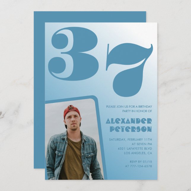 Blue Men Photo dégradé 37e anniversaire invitation (Devant / Derrière)