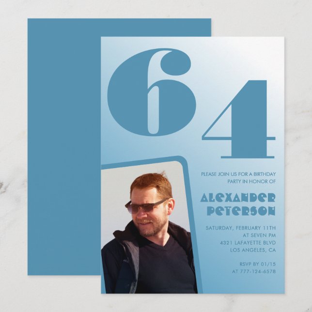 Blue Men Photo dégradé 64e anniversaire invitation (Devant / Derrière)