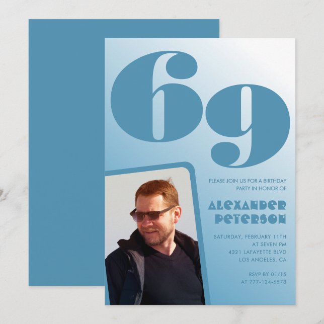 Blue Men Photo dégradé 69e anniversaire invitation (Devant / Derrière)