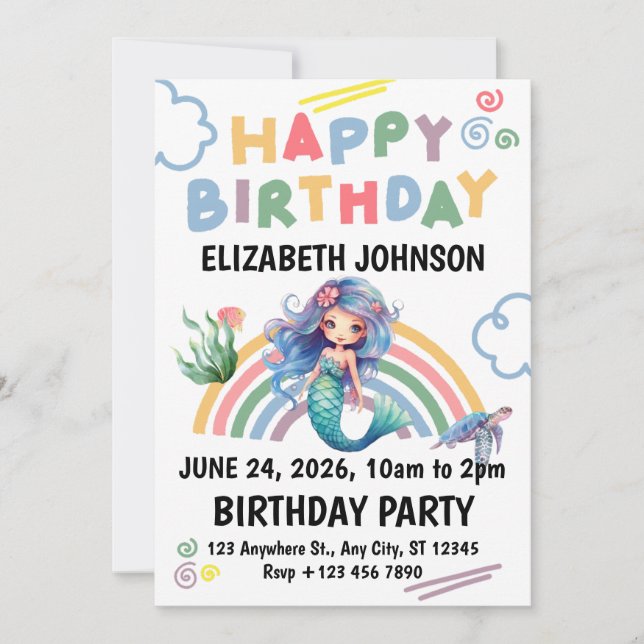 Blue Mermaid Birthday Party Invitation in White (Devant)