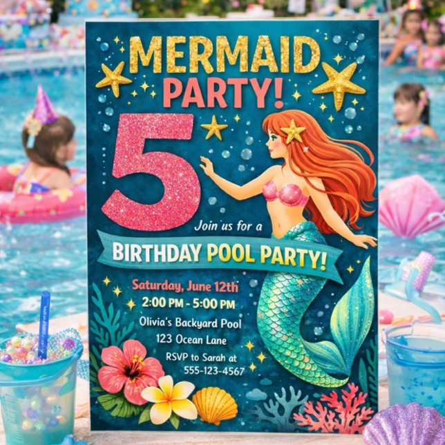 Blue Mermaid Fifth Birthday Invitation (Créateur téléchargé)