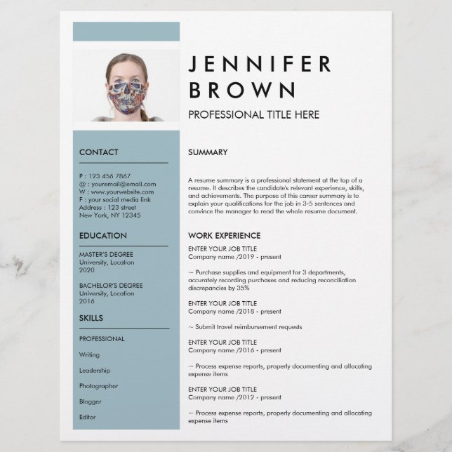 Blue Minimal CV cv avec photo (Devant)