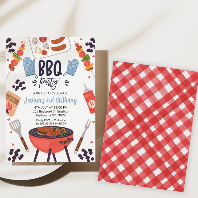 Blue Mitt Boys Bbq Invitation d'anniversaire (Bbq birthday party invitation, Backyard Bbq Birthday Invitation, Gingham, blue mitt, Summer Party)