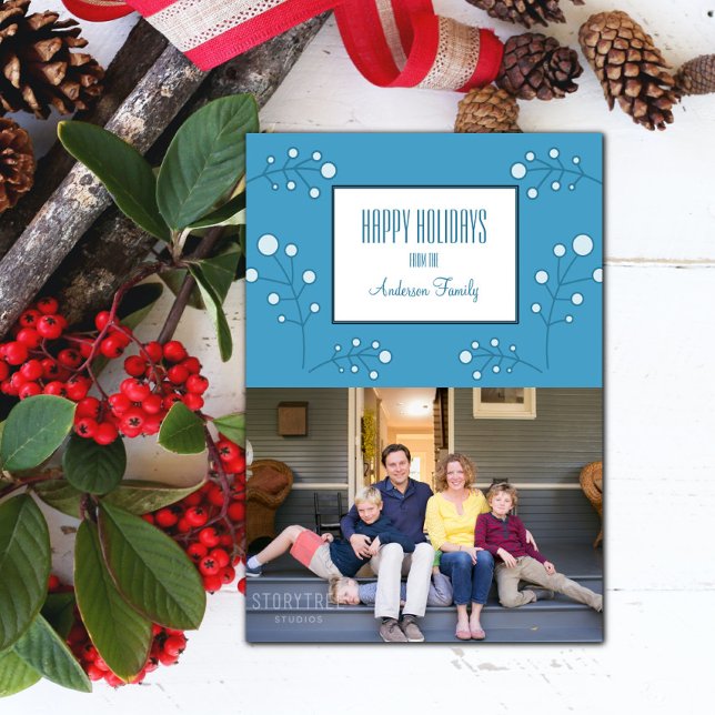 Blue Modern Berry Carte photo de vacances (Blue Modern Berry Holiday Photo Card)
