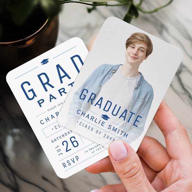 Blue Modern Typographie Photo invitation (Blue Modern Typography Photo Graduation invite)