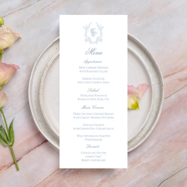Blue Monogram Crest Wedding Reception Menu Card (Créateur téléchargé)