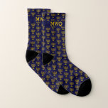 Blue Monogram MENORAH<br><div class="desc">Stylish, dark blue MENORAH Socks, designed with a faux gold menorah in a vertical, tiled pattern.. There is a customizable TRIPLE MONOGRAM, which you can PERSONALIZE with your own initials. The design is repeated on the inside and outside. Ideal gift for Christmas and Birthdays, and especially for Hanukkah. Available in...</div>