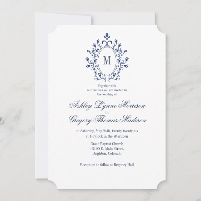 BLUE Monogram Wedding Invitation (Devant)
