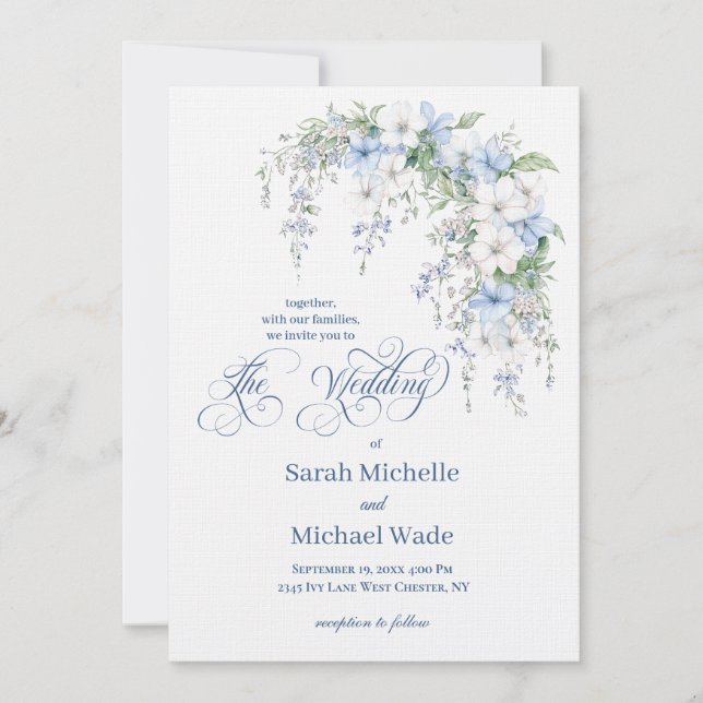 Blue Morning Glory Calligraphy Wedding Invitation (Devant)