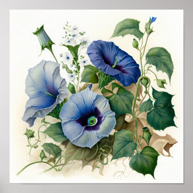 Blue Morning Glory Flowers Art Print Poster (Devant)