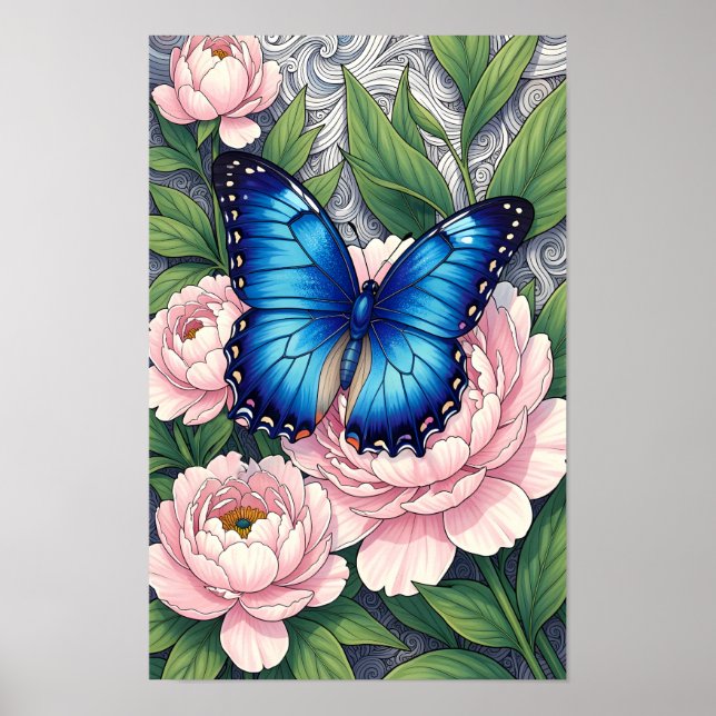Blue Morpho Butterfly Floral Botanical Art Poster (Devant)