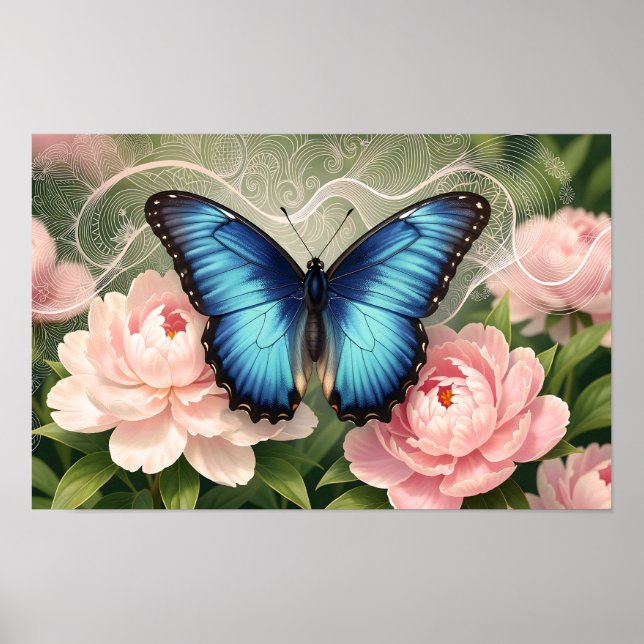 Blue Morpho Butterfly Floral Botanical Art Poster (Devant)