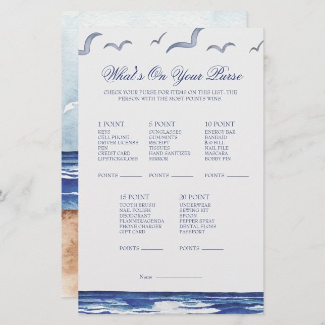 Blue Nautical Coastal Sea Whats on Your Purse Game (Devant / Derrière)