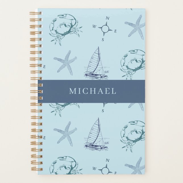 Blue Nautical Crab Starfish Boat Pattern Planner (Devant)