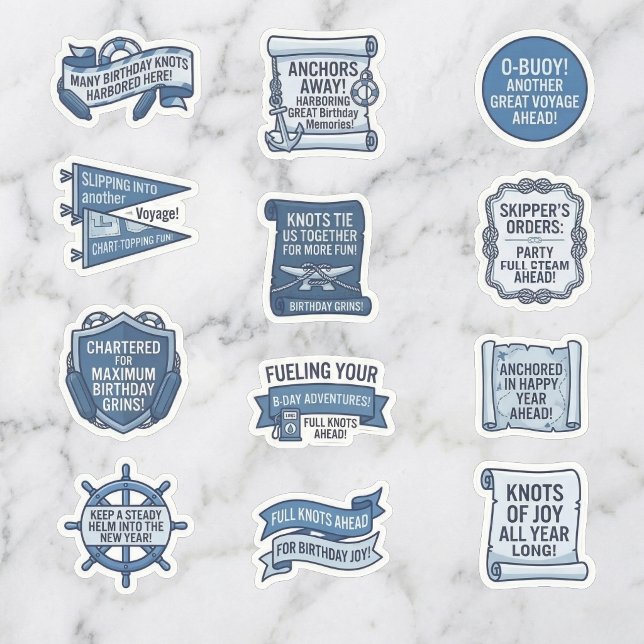 Blue Nautical Slogan Birthday Sticker Sheet (A sea of birthday smiles.)