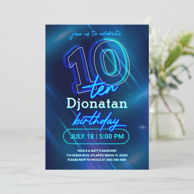 Blue Neon 10th Birthday Party Invitation Card (Debout devant)