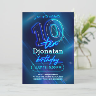 Blue Neon 10th Birthday Party Invitation Card