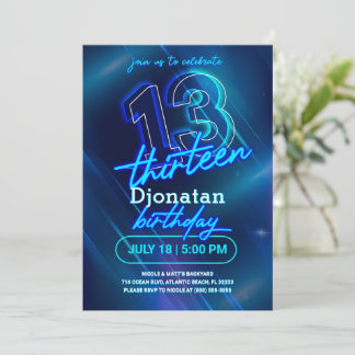 Blue Neon 13e Anniversaire Carte d'invitation