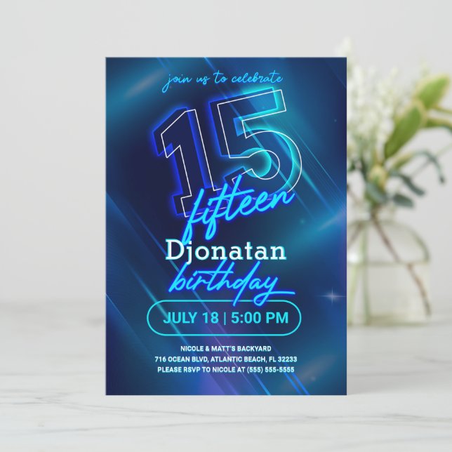 Blue Neon 15e Anniversaire Carte d'invitation (Debout devant)